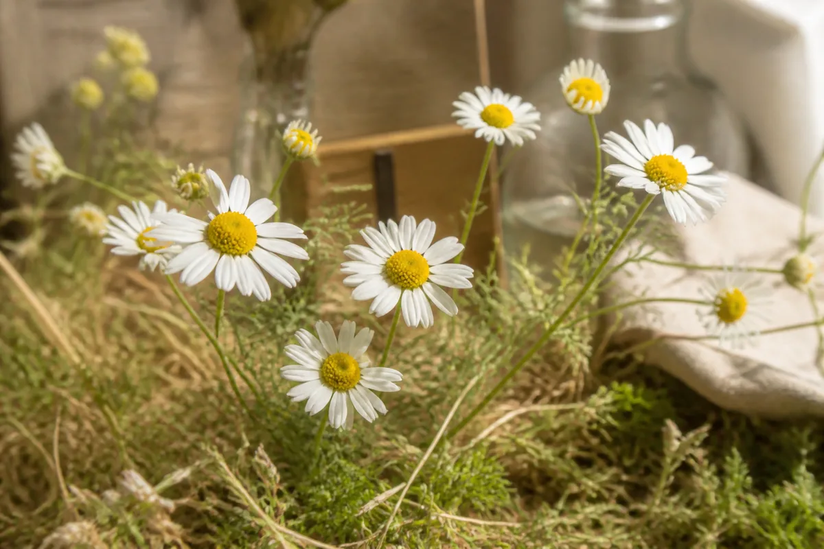 Capitules blancs de camomille observés de près sur une pelouse sèche