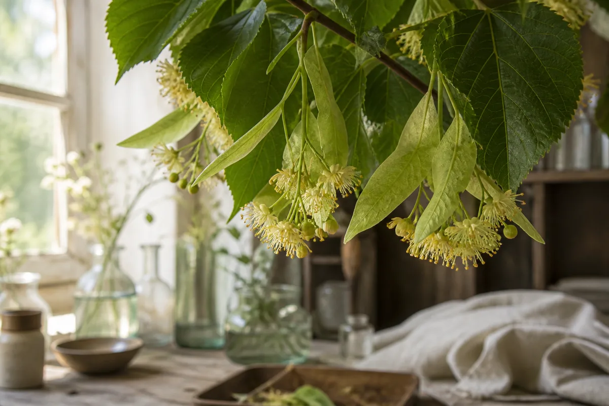 Inflorescences de tilleul avec leur bractée jaune vert sous les branches d’un arbre