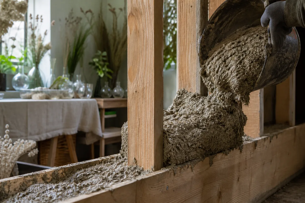 Mélange de béton de chanvre frais versé dans un coffrage contre une ossature bois