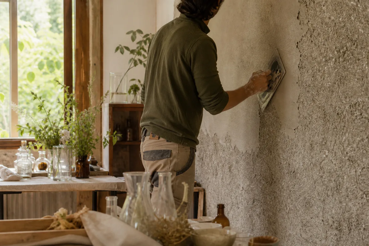 Ouvrier appliquant un enduit isolant sur un mur en béton de chanvre à l’intérieur d’un chantier