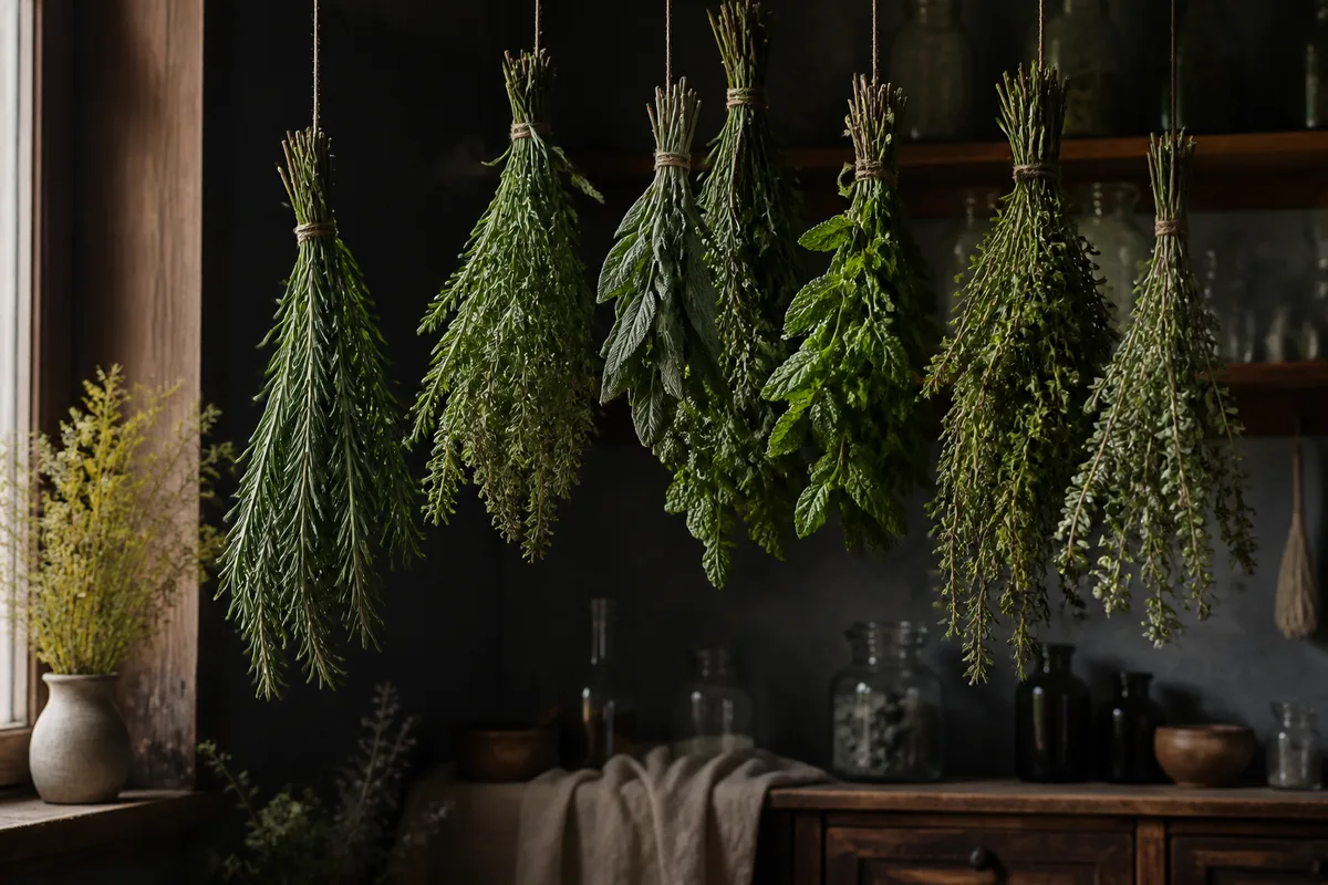 Bouquets de plantes aromatiques suspendus la tête en bas dans une pièce sombre et aérée