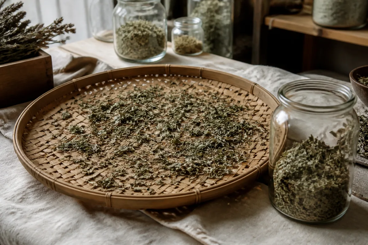 Feuilles séchées étalées sur une claie en bois avec un bocal en verre ouvert à côté