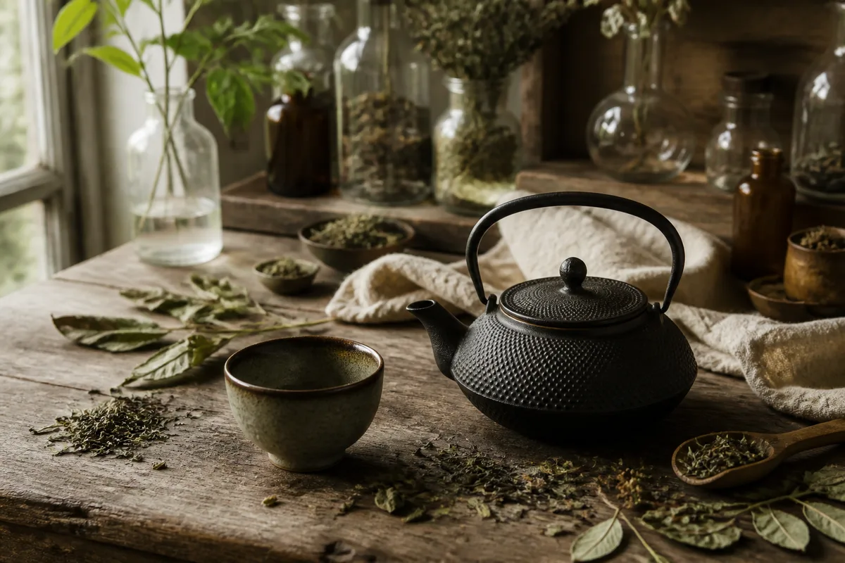 Feuilles de thé en train de s'ouvrir dans une tasse de porcelaine claire posée sur une table