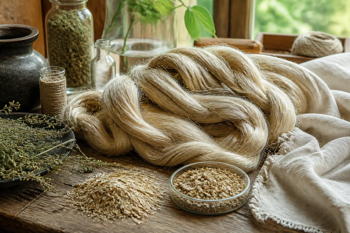Écheveaux de fibres de chanvre blondes posés à côté de fragments de chènevotte