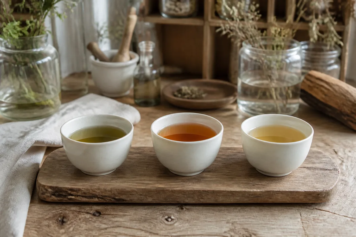 Petite balance de cuisine avec des feuilles de thé pesées à côté d’une tasse en porcelaine
