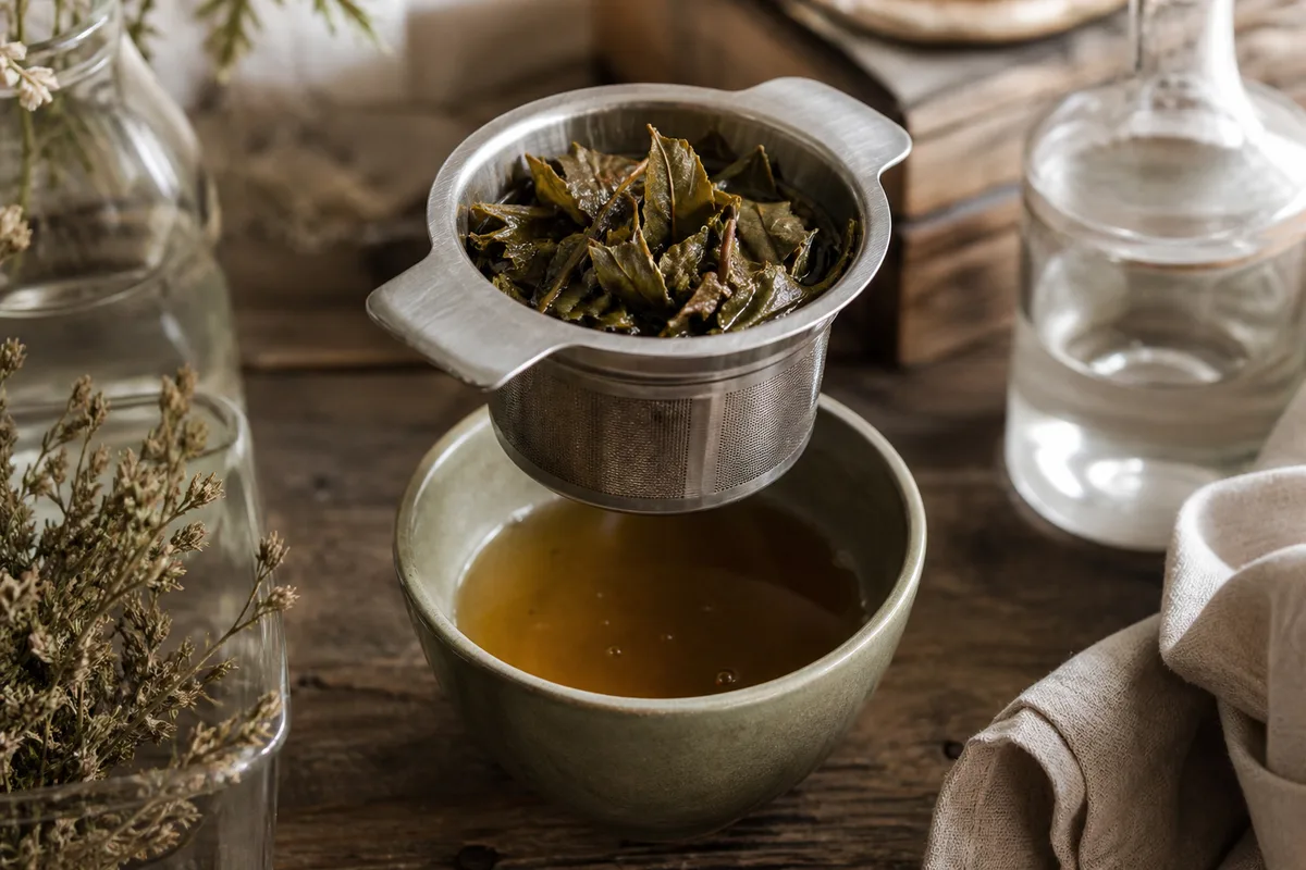Panier filtrant en inox rempli de feuilles de thé déployées au-dessus d’une tasse