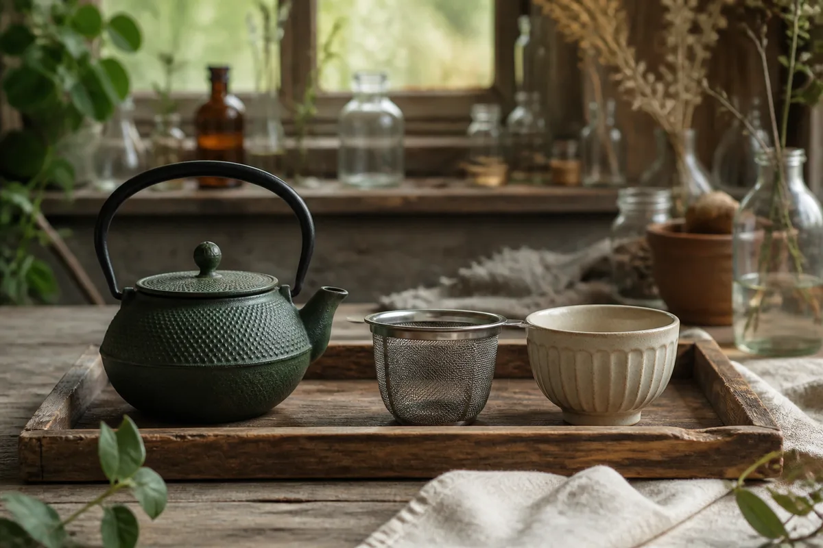 Bouilloire à température réglable, thermomètre et petite tasse en porcelaine blanche sur un plateau